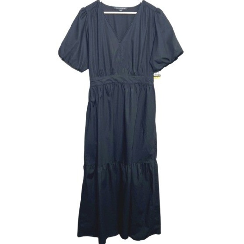 French Connection NWT Black Cotton Poplin Maxi Dress Puff Sleeve V-Neck Tiered M - Picture 2 of 8